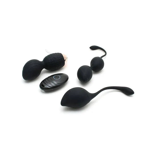 Vibrating Kegel Ball Set Rimini Black, includes vibrating and non-vibrating balls with remote control, waterproof silicone design.