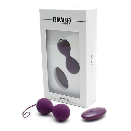 Vibrating Kegel Balls with Remote Control Cannes Purple in packaging and displayed, ideal for pelvic floor workout.