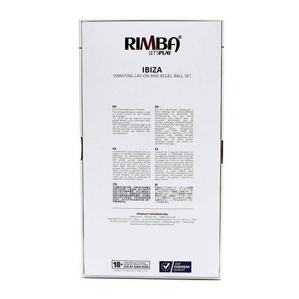 Packaging of Vibrating Lay-on Kegelball set Ibiza Black with product details.