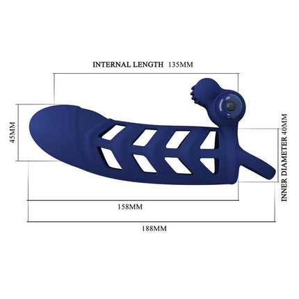 Vibrating Peni Sleeve in blue silicone with size measurements for enhanced performance and pleasure.