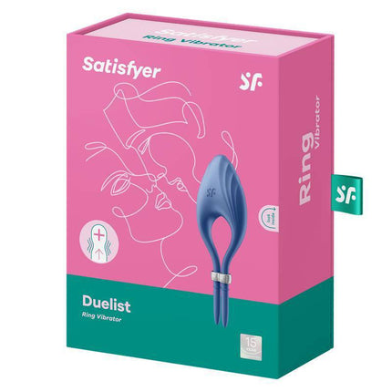 Vibrating Penis Ring Duelist Blue in packaging by Satisfyer, featuring 12 vibration programs and comfortable adjustable fit for enhanced pleasure.