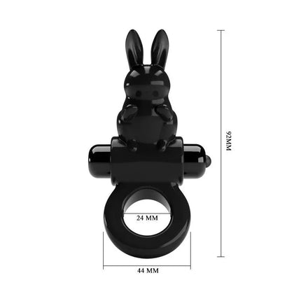 Vibrating Penis Ring Exciting Ring featuring bunny-shaped clitoral stimulator, 10 vibration levels, and total size 9.2cm x 4.4cm x 2.4cm.