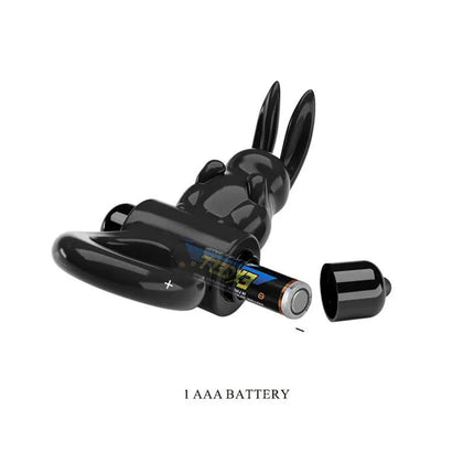 Bunny-shaped Vibrating Penis Ring Exciting Ring with battery compartment open, showing 1 AAA battery.