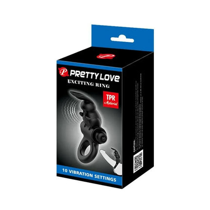 Vibrating Penis Ring Exciting Ring in a black box with bunny-shaped clitoral stimulator and 10 vibration settings, made of TPR.