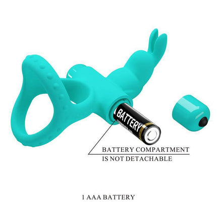 Vibrating Penis Ring with 10 Vibration Modes showing battery compartment and AAA battery for enhanced pleasure.