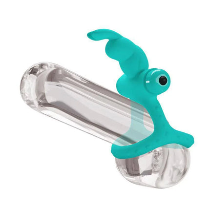 Vibrating Penis Ring with 10 Vibration Modes in teal color, clear transparent design, enhancing pleasure and performance for men.