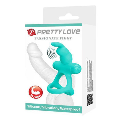 Vibrating Penis Ring with 10 Vibration Modes packaging from Pretty Love in turquoise, showing silicone and waterproof features.