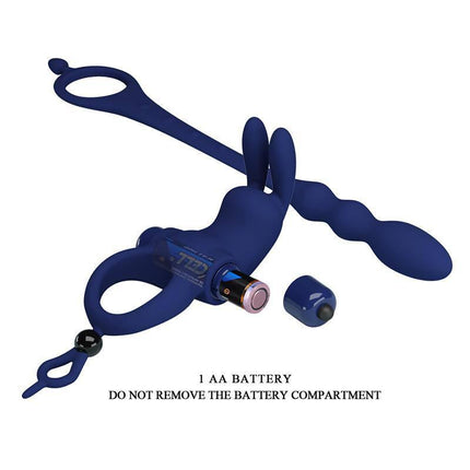 Vibrating Penis Ring with Anal Chain featuring triple stimulation design with bunny-shaped clitoral stimulator in blue color.