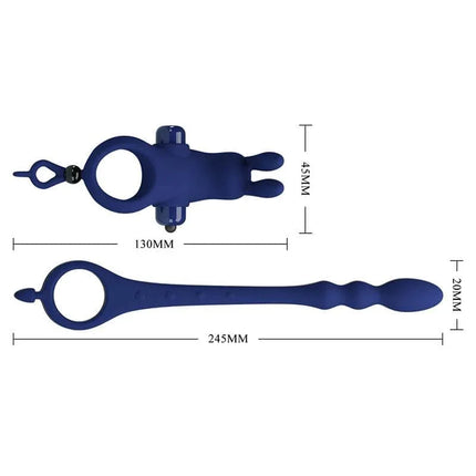 Vibrating Penis Ring with Anal Chain, featuring dimensions of 130mm ring and 245mm chain with bunny-shaped stimulator in blue.