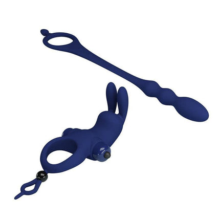 Vibrating Penis Ring with Anal Chain in blue, featuring triple stimulation with bunny-shaped clitoral stimulator and anal plug chain