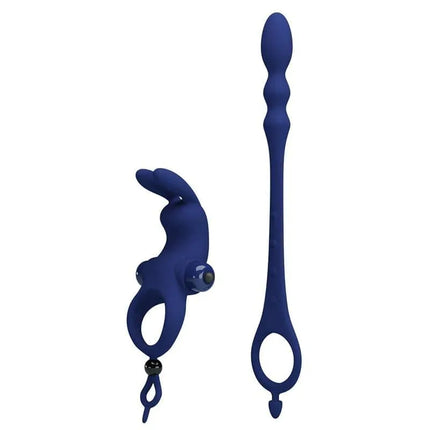 Vibrating Penis Ring with Anal Chain featuring triple stimulation: penis ring, anal plug/chain, and bunny-shaped clitoral stimulator.