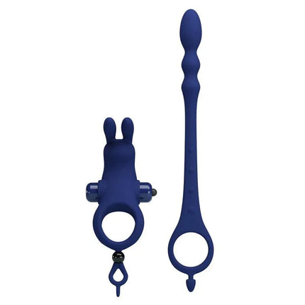 Vibrating Penis Ring with Anal Chain in blue featuring a bunny-shaped clitoral stimulator and versatile stimulation design.
