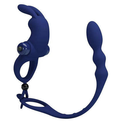 Vibrating Penis Ring with Anal Chain featuring triple stimulation, bunny-shaped stimulator, and versatile design for enhanced pleasure.