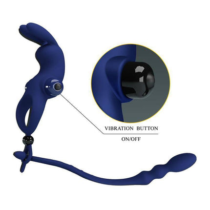 Vibrating Penis Ring with Anal Chain featuring triple stimulation setup and vibration button for enhanced pleasure.