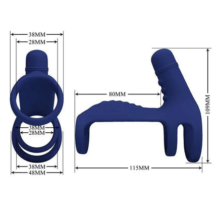 Blue Vibrating Penis Ring with dimensions shown for shared pleasure, featuring soft silicone material and powerful vibrations.