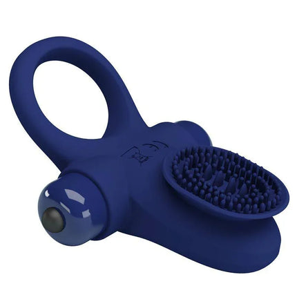 Vibrating Penis Ring in blue silicone with clitoral stimulator and body-safe design for enhanced pleasure and shared intimacy.