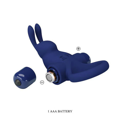 Vibrating Penis Ring in blue silicone with 10 modes, showcasing battery compartment for solo or partner use.