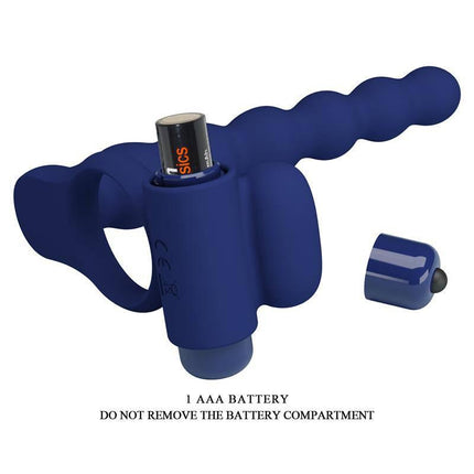 Vibrating Penis Ring in blue with AAA battery inserted, highlighting its power source and removable battery compartment feature.