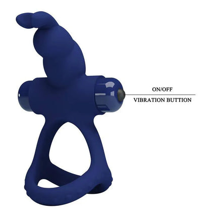 Vibrating Penis Ring with dual rings and bunny design for enhanced pleasure, featuring an on/off vibration button.