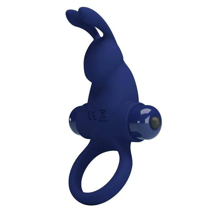 Vibrating Penis Ring in blue with rabbit design, featuring 10-mode vibration for solo or partner play, made from body-safe silicone.