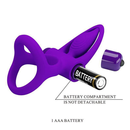 Vibrating Penis Ring in purple silicone, showing battery compartment with AAA battery, enhances pleasure for couples.