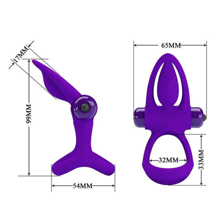 Purple Vibrating Penis Ring with measurements shown for size and fit