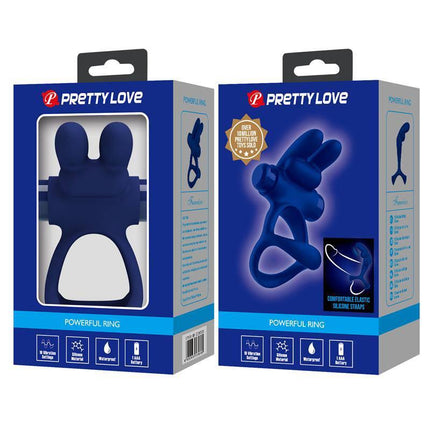 Vibrating Penis Ring product packaging in blue, featuring a powerful dual-ring design for enhanced stability and comfort.