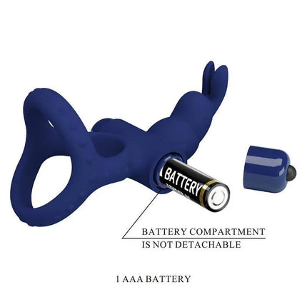 Vibrating Penis Ring in blue with dual-ring design, featuring a battery compartment for enhanced comfort and pleasure.