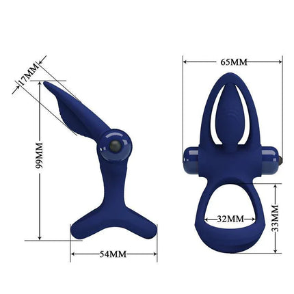 Vibrating Penis Ring with detailed dimensions for precise fit, highlighting silicone design and 10 vibration modes for enhanced pleasure.