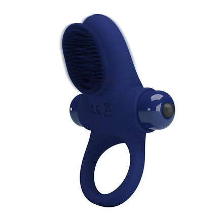 Vibrating Penis Ring in blue silicone with clitoral stimulator, designed for enhanced pleasure and comfort.