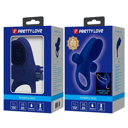 Vibrating Penis Ring in packaging with clitoral stimulator, made of body-safe silicone for couples.