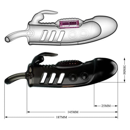 Diagram of Vibrating Penis Sleeve Black showing dimensions and design details, including texturized TPE material and vibrating feature.