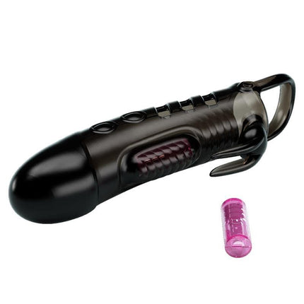 Vibrating Penis Sleeve Black with texturized TPE material, enhancing intimacy and sensation.