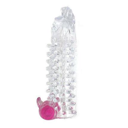 Vibrating Penis Sleeve Clear with textured design and pink vibrating bullet for enhanced pleasure by A-GUSTO.
