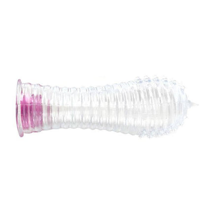 Vibrating Penis Sleeve Clear with textured design for enhanced stimulation and pleasure, featuring a vibrating bullet for mutual enjoyment.