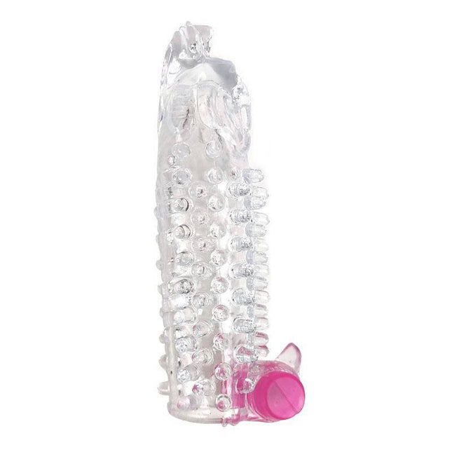 Vibrating Penis Sleeve Clear with textured interior and pink vibrating bullet for enhanced pleasure by A-GUSTO.