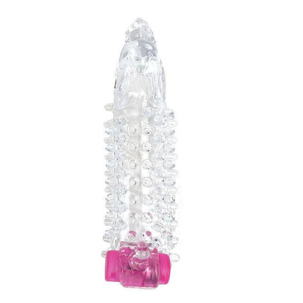 Vibrating Penis Sleeve Clear by A-GUSTO with textured interior and external vibrating bullet for enhanced male pleasure.