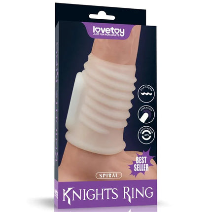 Product packaging for Vibrating Penis Sleeve Spiral Knights showing spiral design and comfort features.