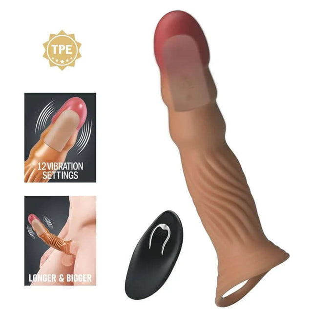 Vibrating Penis Sleeve with lifelike design, TPE material, 12 vibration settings, and secure testicle ring for enhanced stimulation.
