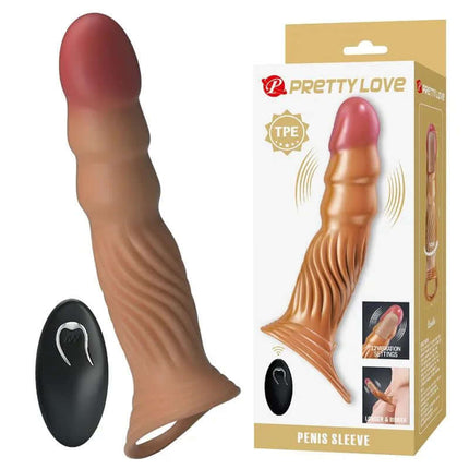 Vibrating Penis Sleeve with lifelike texture, packaging, and remote control for enhanced solo or shared play.