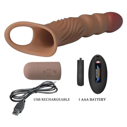 Vibrating Penis Sleeve with realistic texture, USB rechargeable, AAA battery remote, and testicle ring for enhanced stimulation.