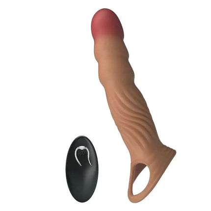 Vibrating Penis Sleeve with lifelike texture and built-in testicle ring for enhanced stimulation, includes remote control for convenience.
