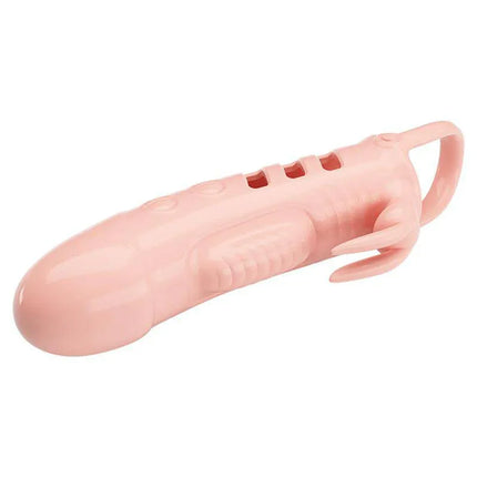 Vibrating Penis Sleeve with built-in vibration and elastic design for enhanced stimulation, featuring a testicle ring, in light pink color