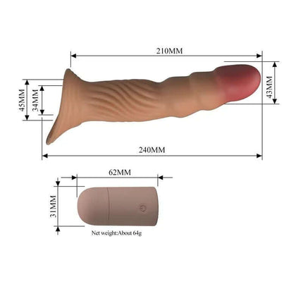 Vibrating Penis Sleeve, realistic TPE extension with dimensions shown for enhanced solo or shared pleasure