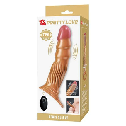 Vibrating Penis Sleeve in packaging, featuring lifelike design and testicle ring for secure fit, crafted from TPE material.