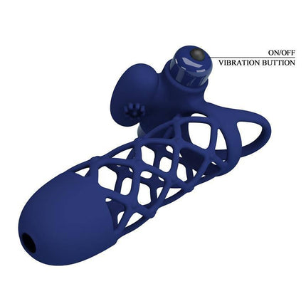 Vibrating Penis Sleeve with 10-function settings, featuring a clitoral stimulator and secure ball ring for enhanced stimulation and fit.