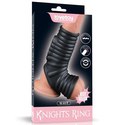 Vibrating Ring for Penis and Scrotum Wave Knights packaging with product image and features highlighted