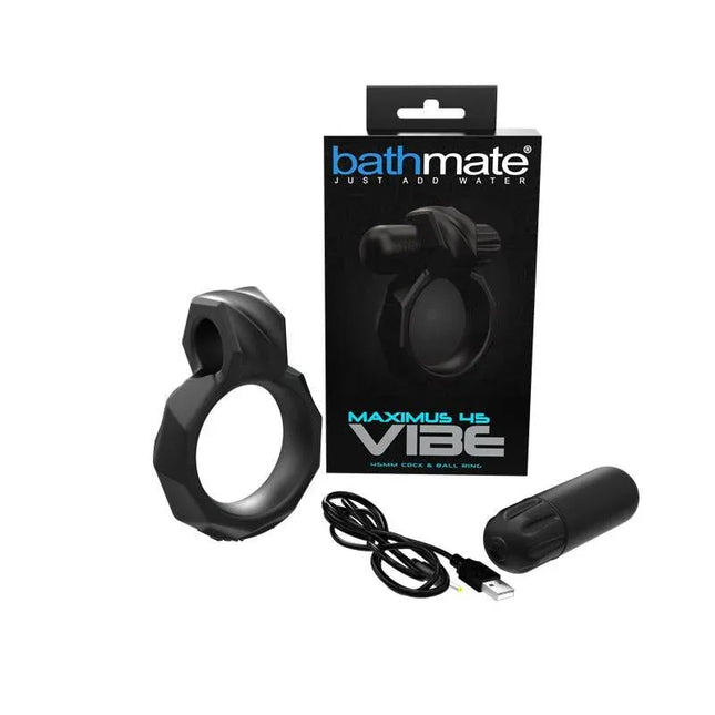 Vibrating Ring Maximus Vibe 45 with packaging, USB charger, and bullet vibrator