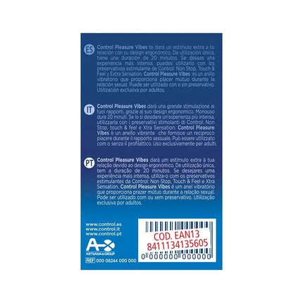 Packaging of Vibrating Ring Pleasure Vibe with product information in multiple languages and barcode.