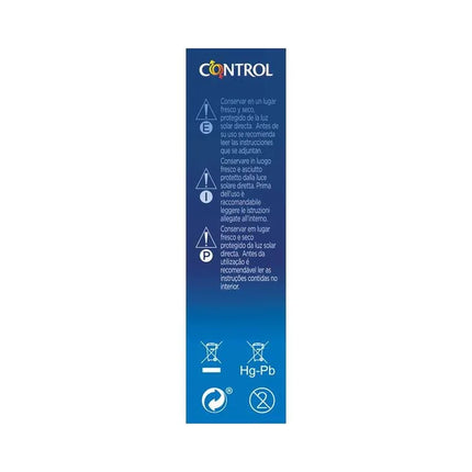 Control product packaging with safety instructions and handling icons on a blue background.